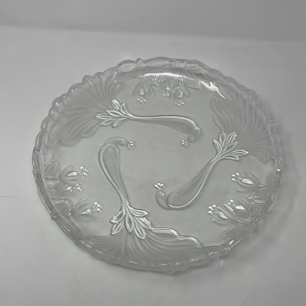 Vintage Mikasa 12 inch round frosted crystal peacock hostess tray